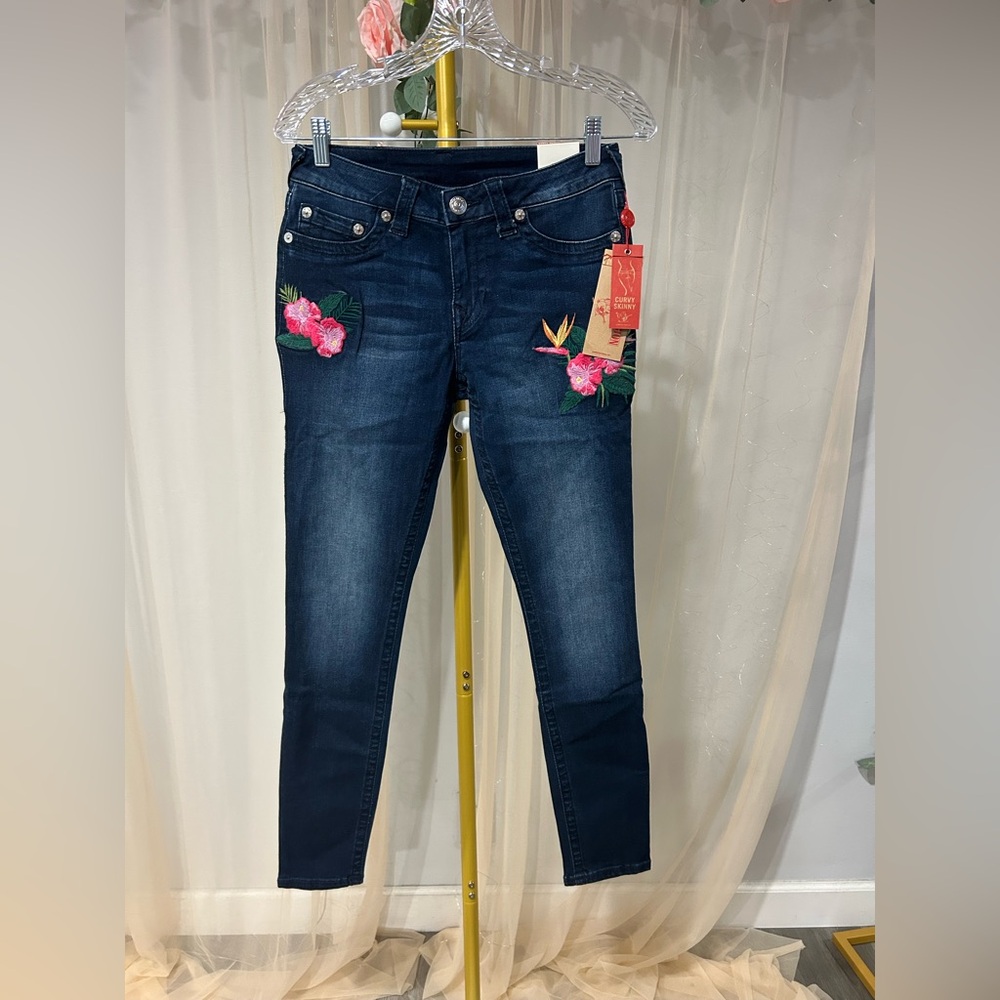 True Religion Dark Blue Skinny Jeans with Floral Embroidery